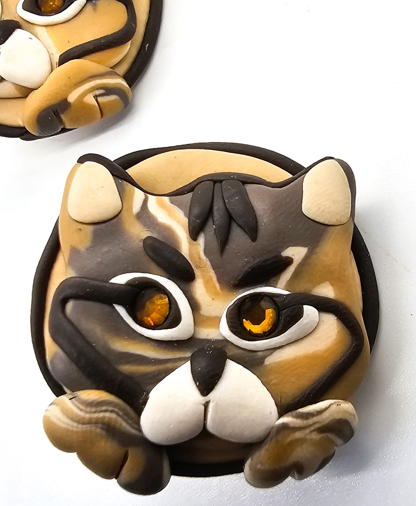 Brown tabby cat retro artisan soft clay vintage clip on kitty earrings