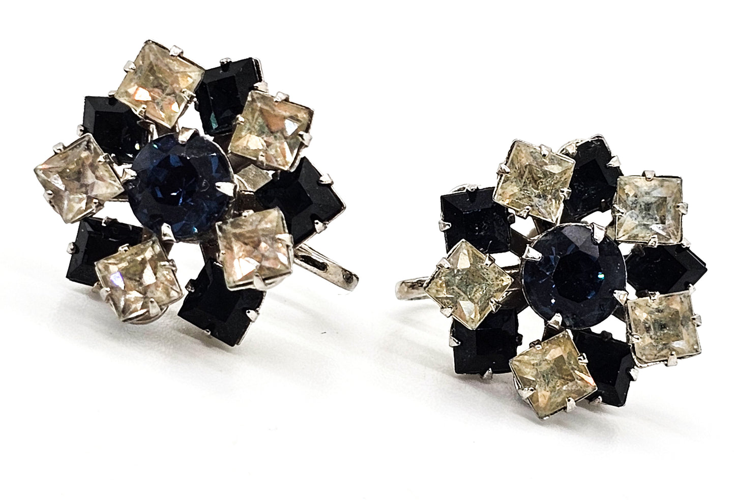 Deep blue princess cut atomic flower vintage screw back rhinestone earrings