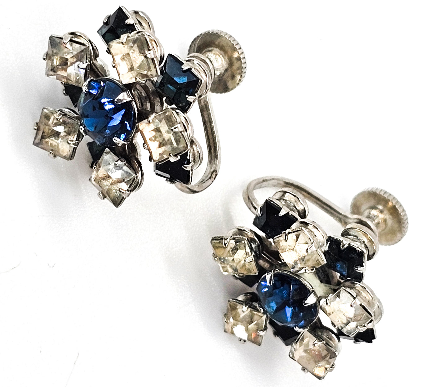 Deep blue princess cut atomic flower vintage screw back rhinestone earrings