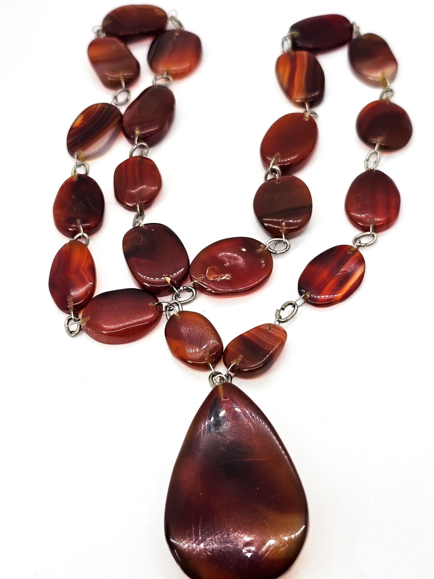 Carnelian banded red gemstone long Y vintage pendant statement necklace