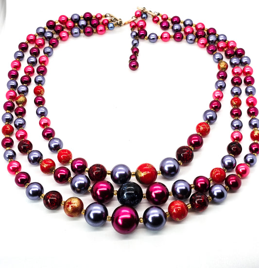 Red and Blue mid century three strand beaded vintage necklace West Germany