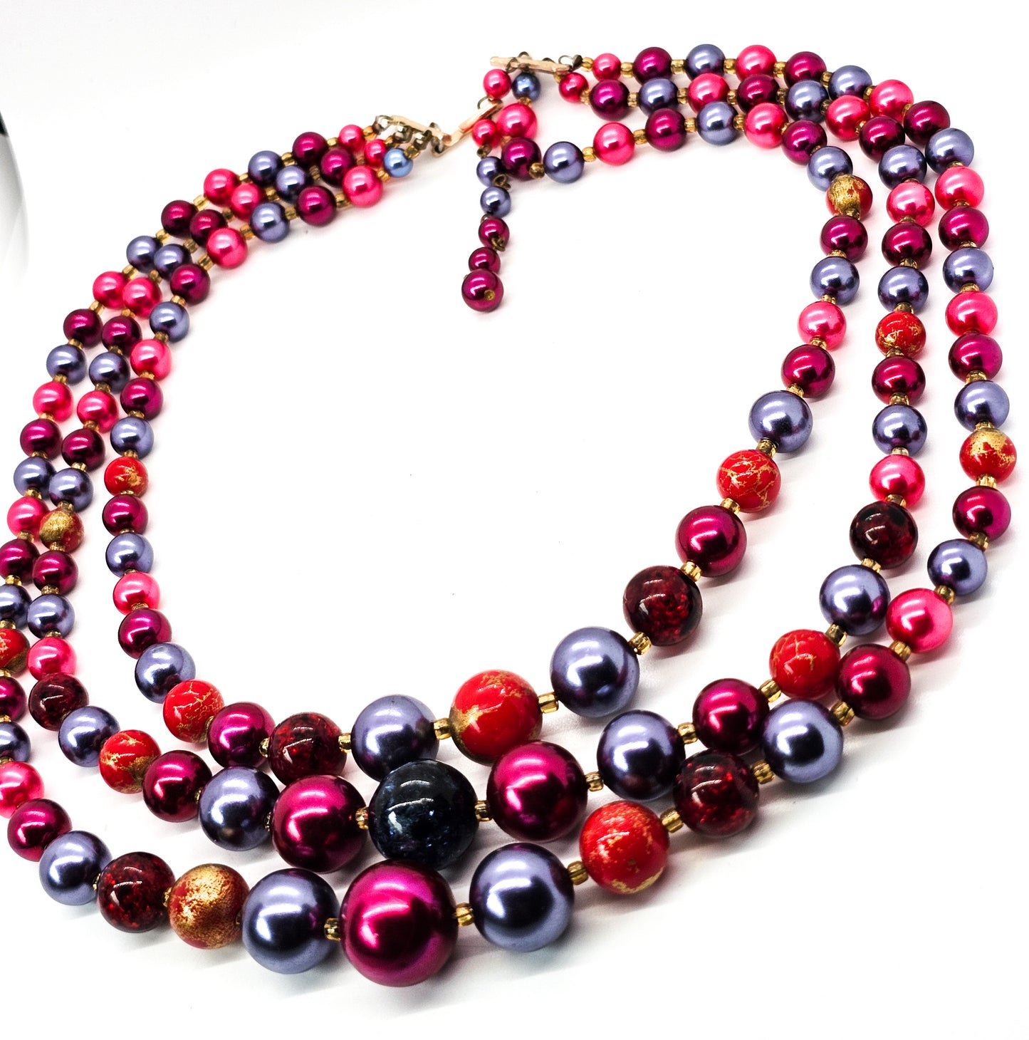 Red and Blue mid century three strand beaded vintage necklace West Germany