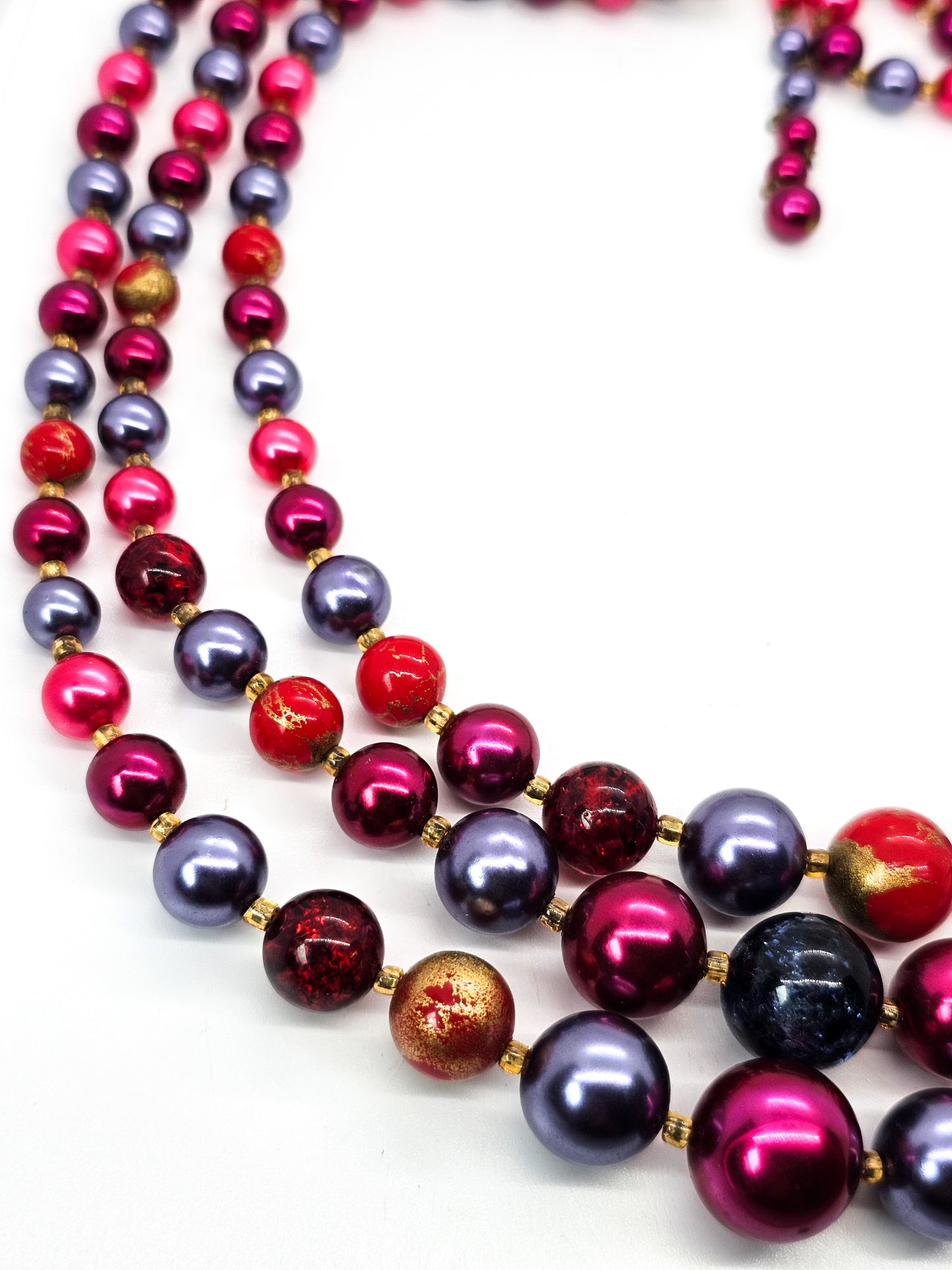 Red and Blue mid century three strand beaded vintage necklace West Germany