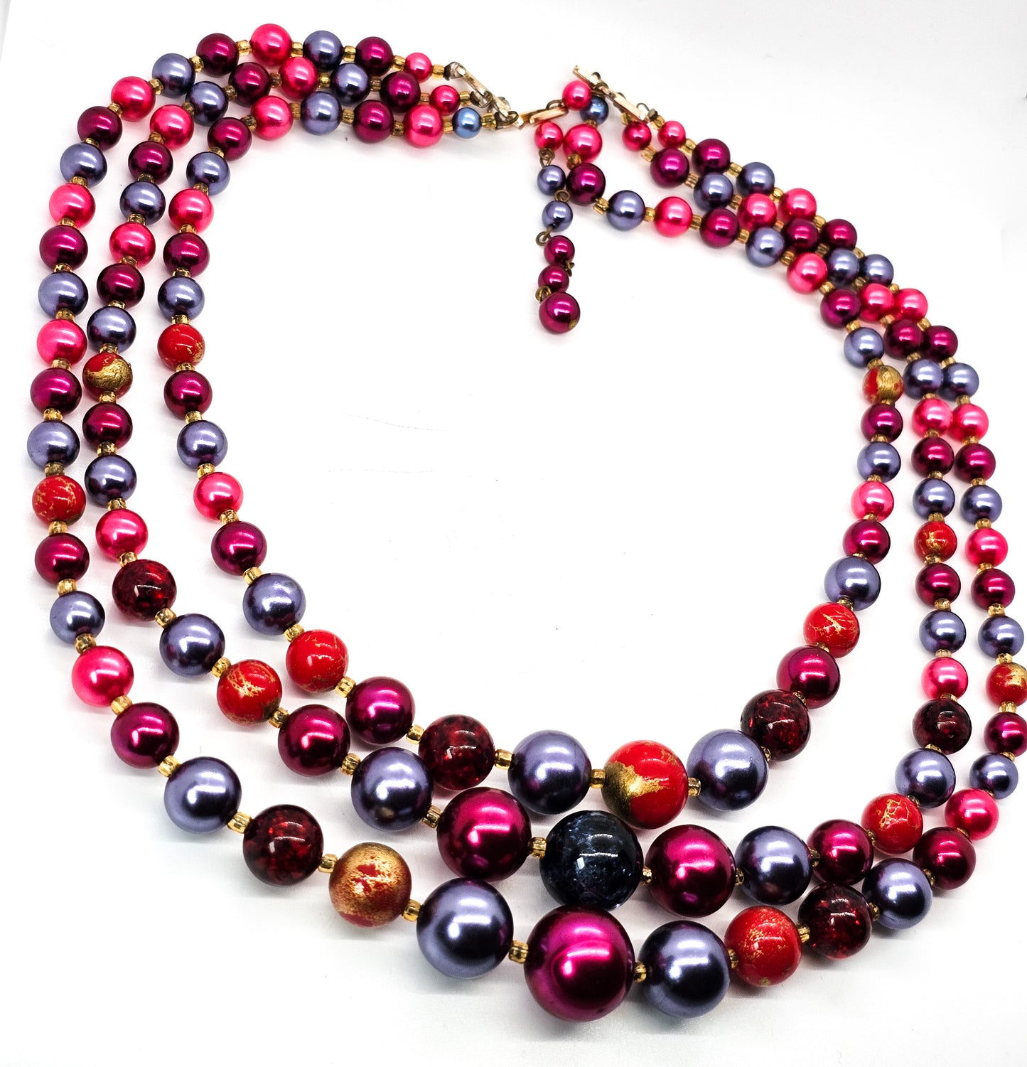 Red and Blue mid century three strand beaded vintage necklace West Germany
