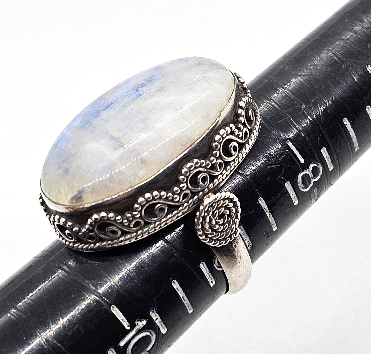 XL Rainbow Blue moonstone bali Balinese tribal spiral sterling silver ring size 9