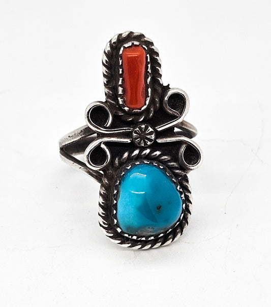 Turquoise and Branch Coral Native American Navajo vintage Sterling Silver ring size 7