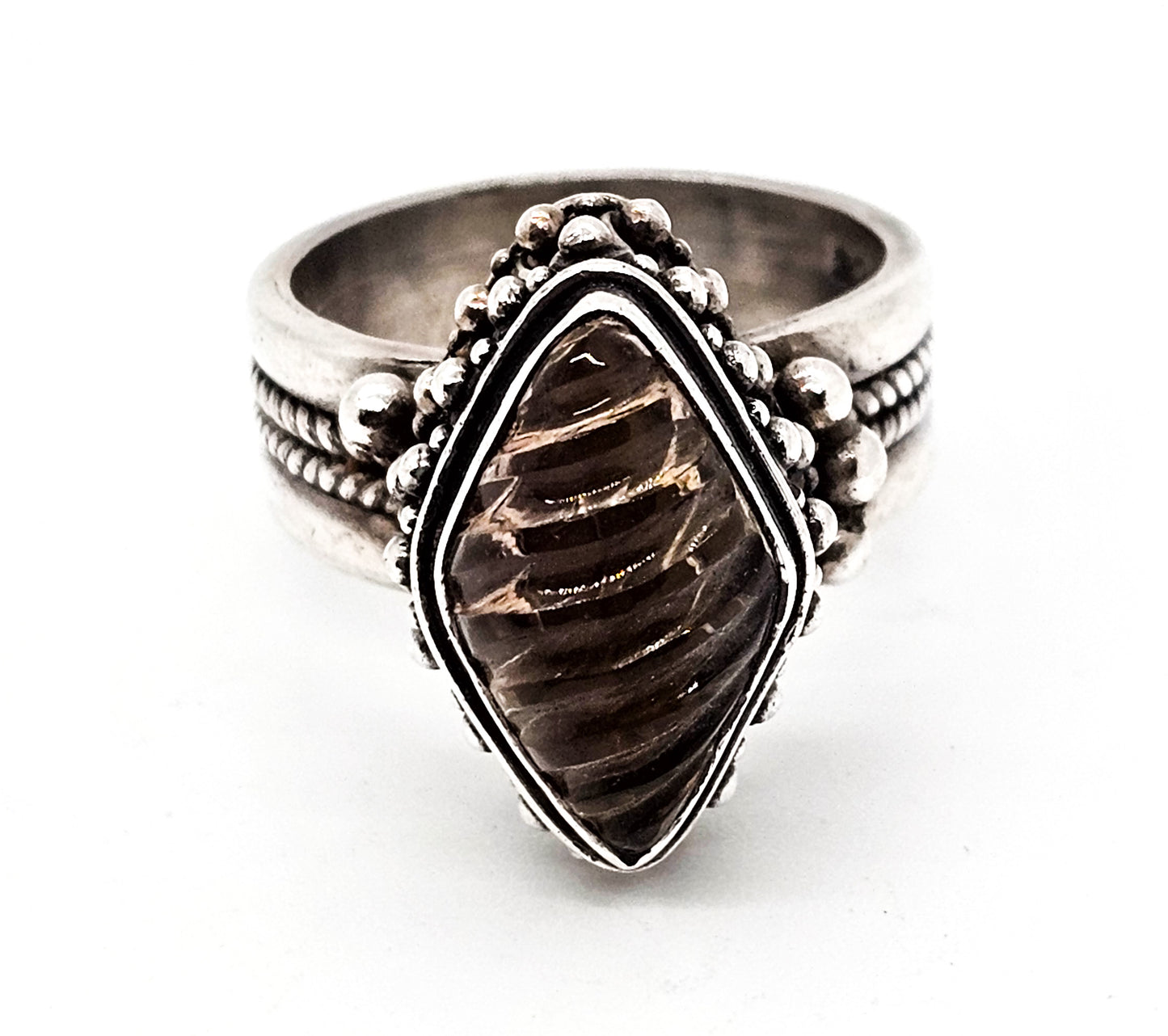 Ribbed Smokey Quartz elaborate woven wheat sterling silver ring size 7.5