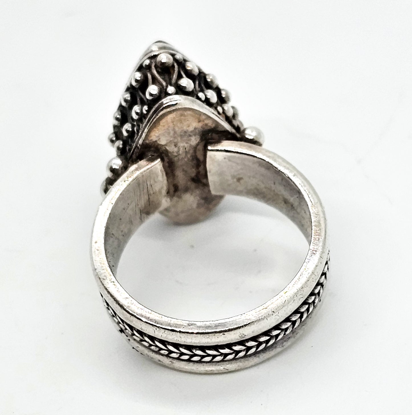 Ribbed Smokey Quartz elaborate woven wheat sterling silver ring size 7.5