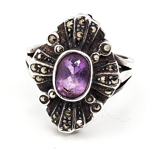 Amethyst purple gemstone and marcasite retro vintage sterling silver ring size 6