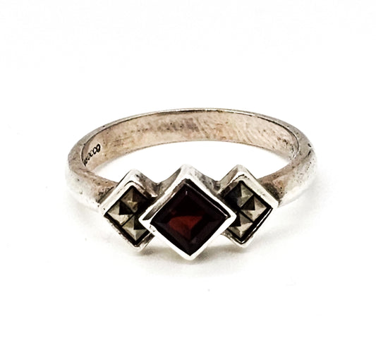 Bocco Princess cut garnet and marcasite vintage signed sterling silver ring size 7