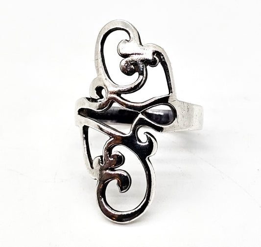 Filigree large vintage sterling silver scroll open work statement ring size 7.5 TMA