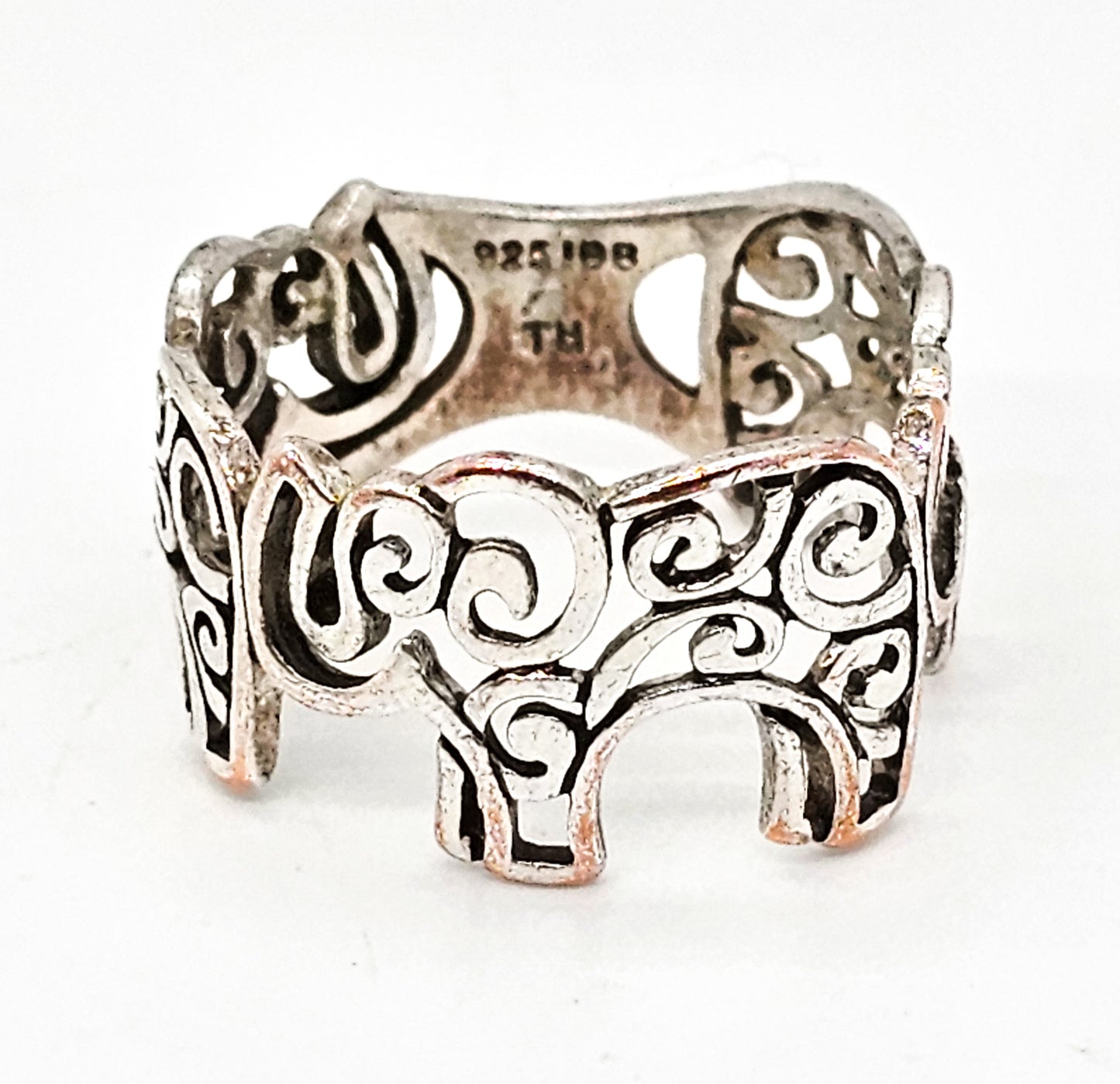 Filigree Elephant Good Luck Trunk vintage open work sterling silver ring size 8