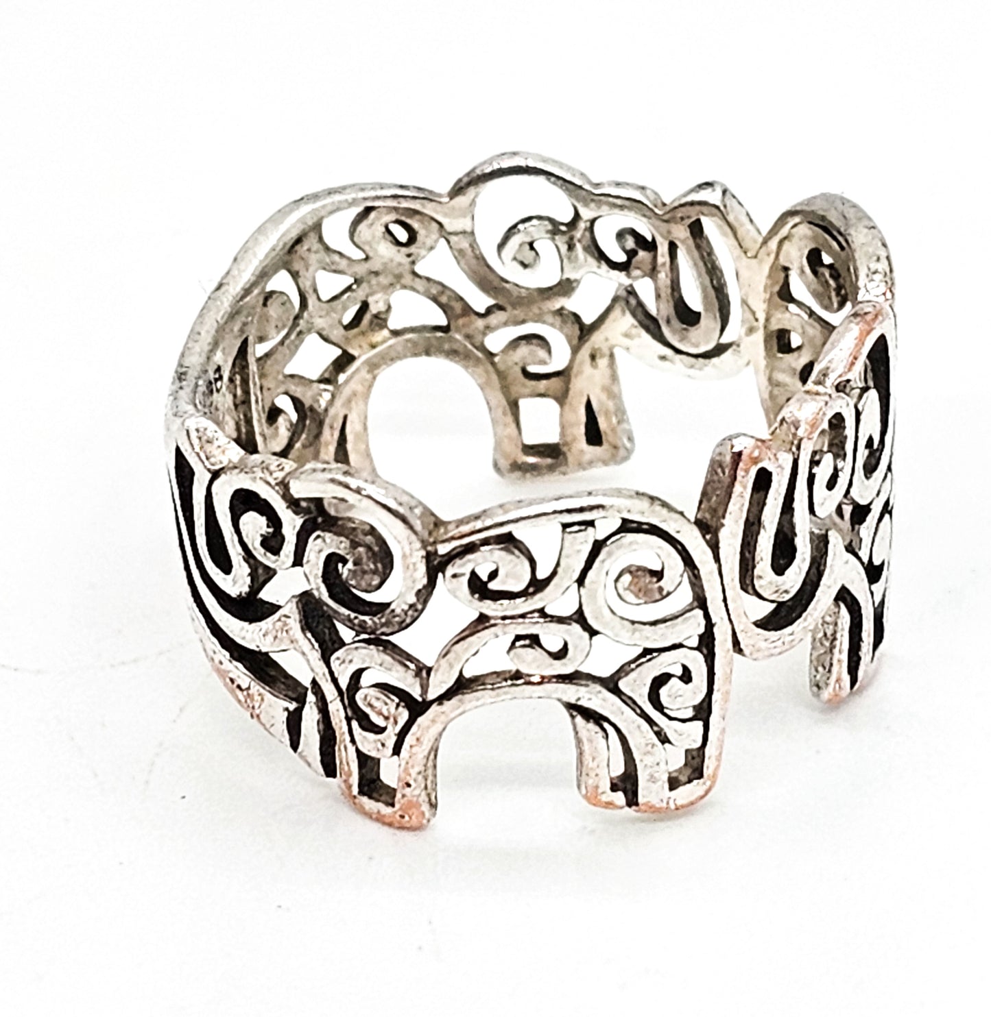 Filigree Elephant Good Luck Trunk vintage open work sterling silver ring size 8