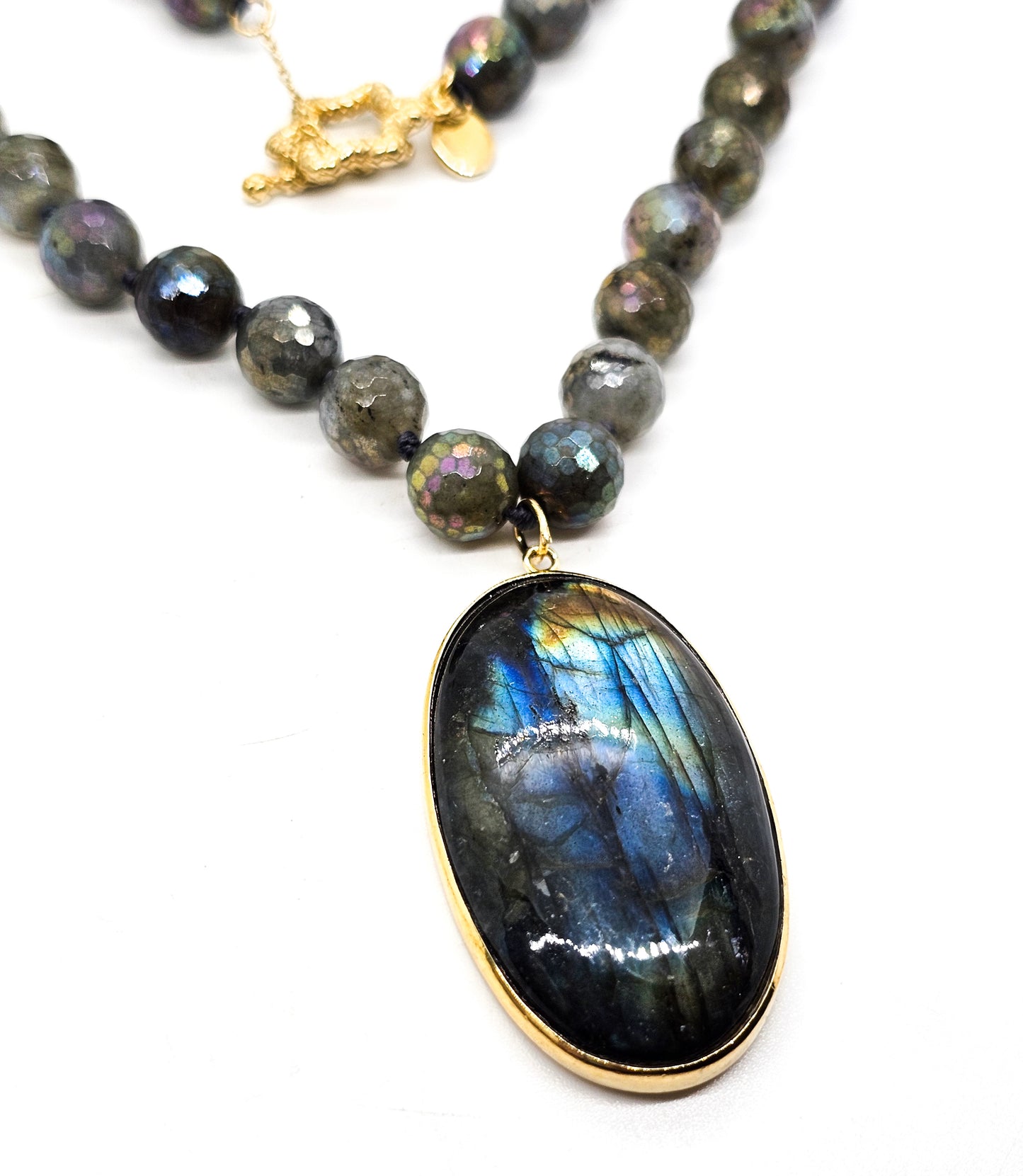 Rarities 20" Gold plated Aura coated faceted labradorite sterling silver necklace