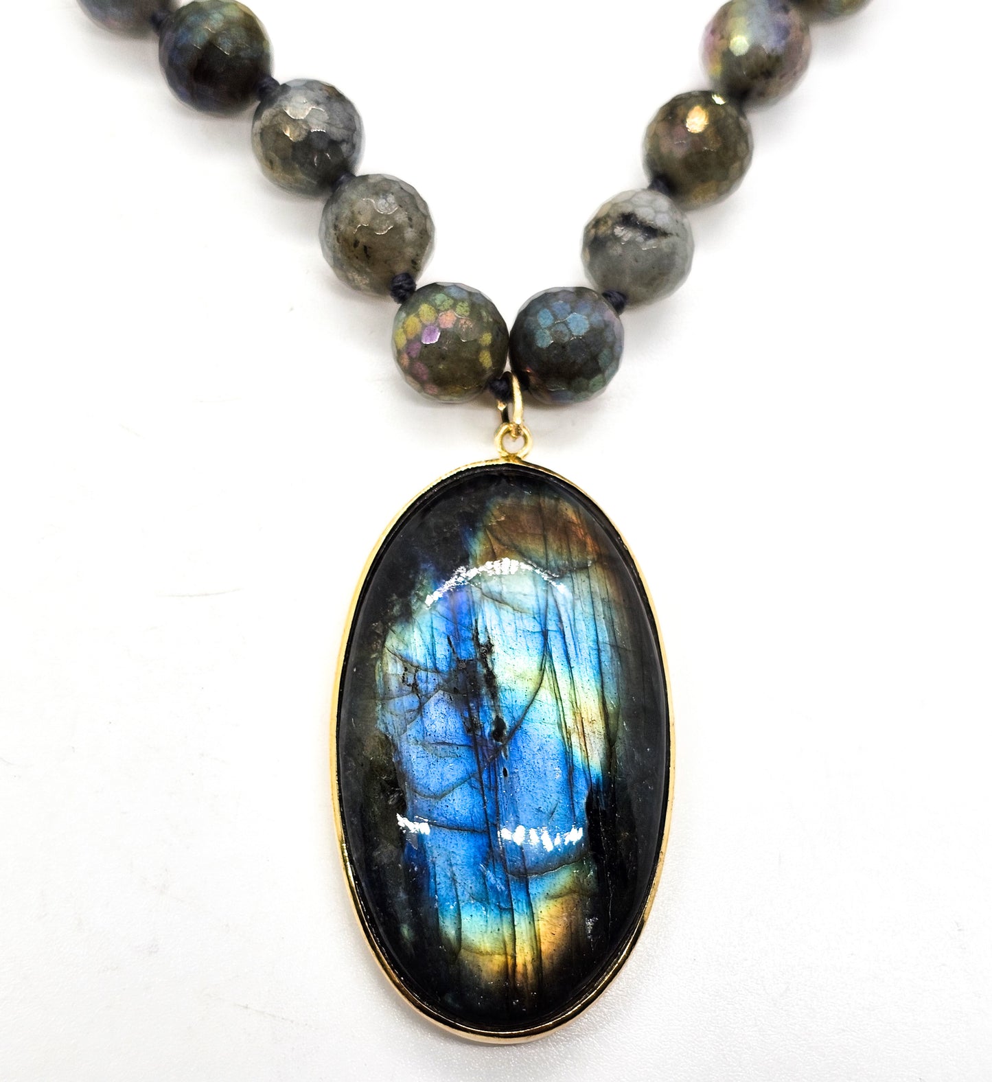 Rarities 20" Gold plated Aura coated faceted labradorite sterling silver necklace