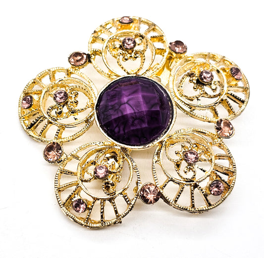 Purple and Gold vintage open work filigree flower floral brooch