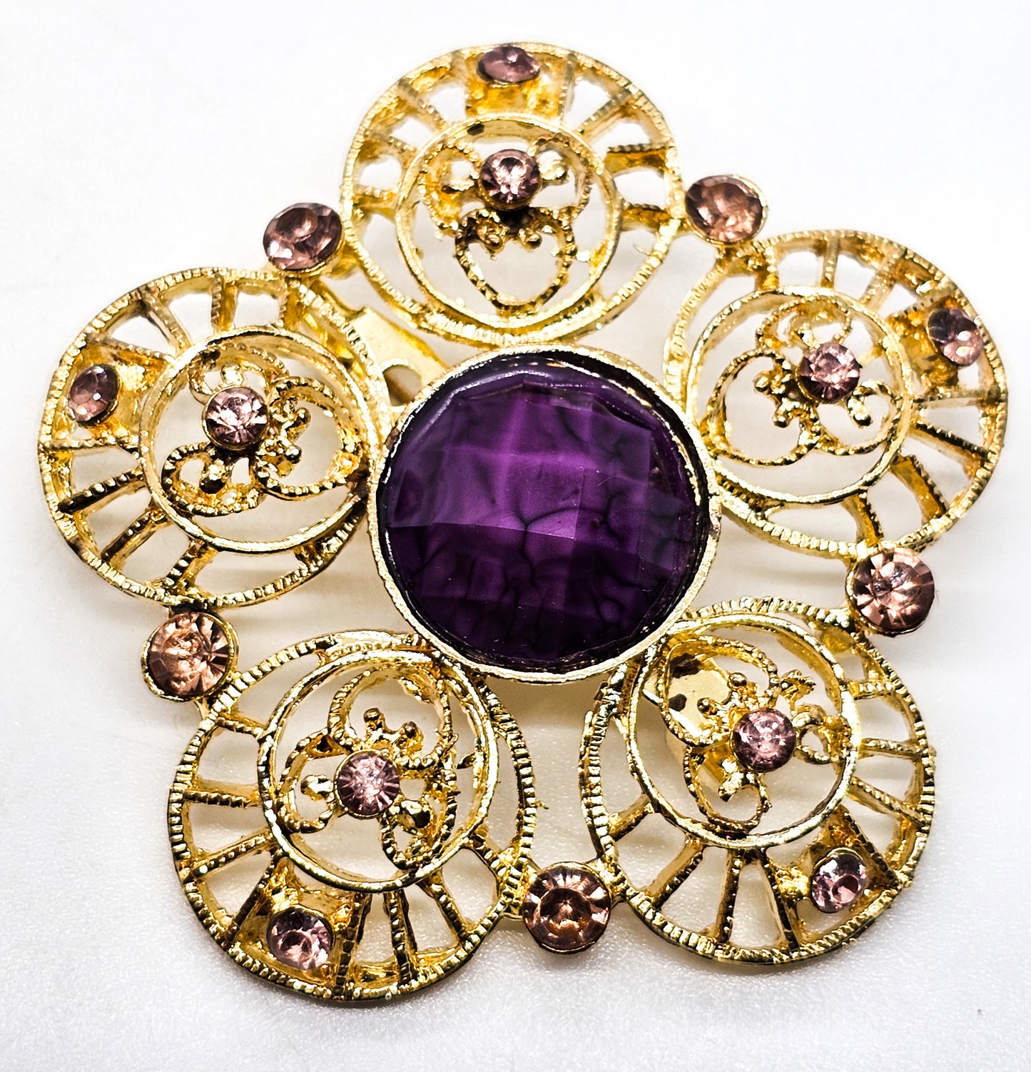 Purple and Gold vintage open work filigree flower floral brooch