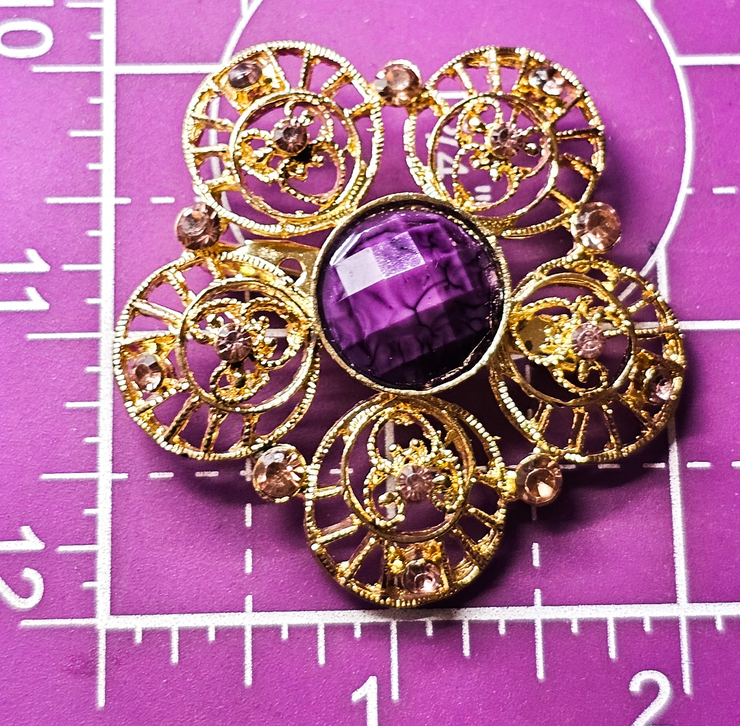 Purple and Gold vintage open work filigree flower floral brooch