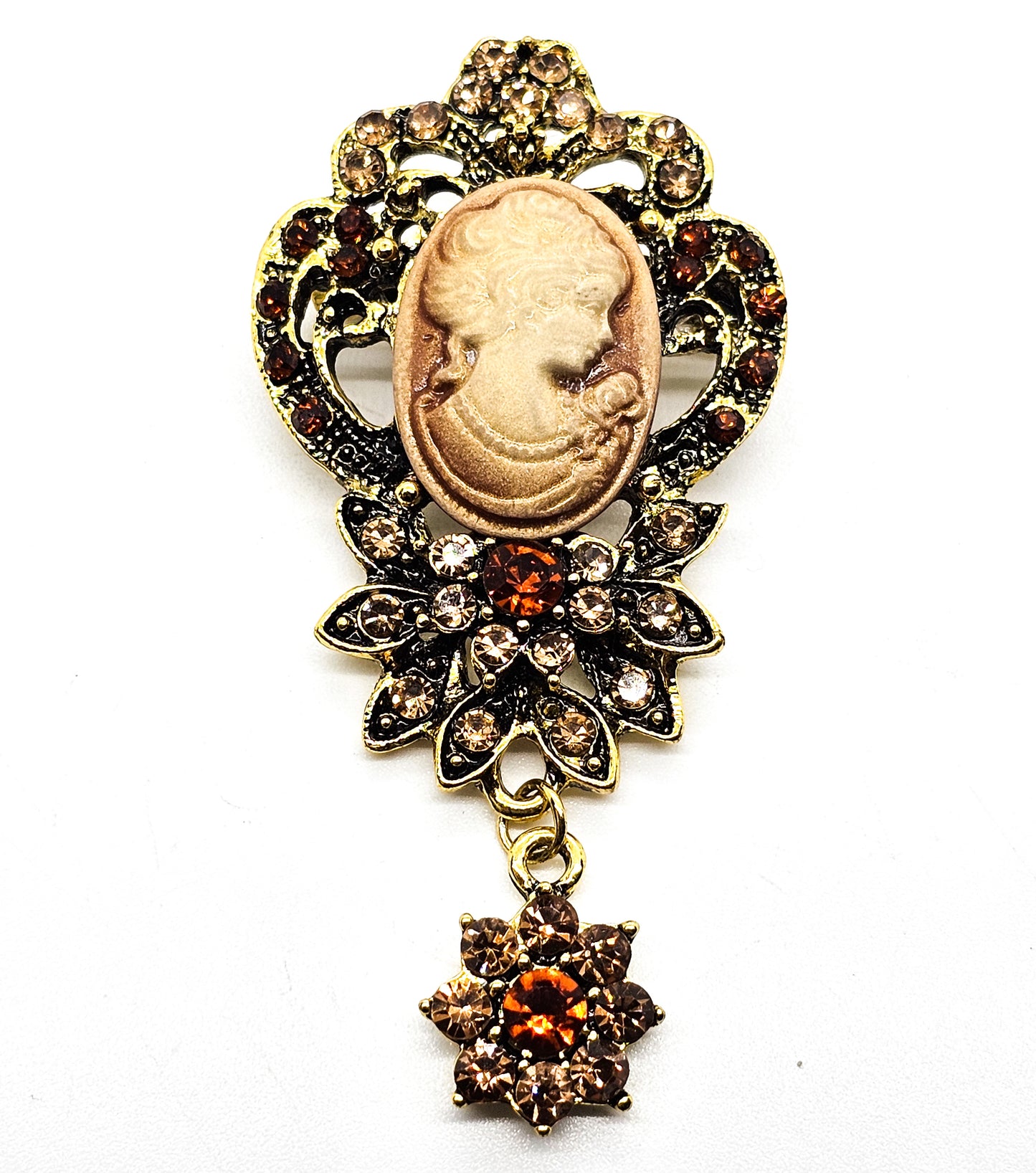 Victorian Revival vintage style resin cameo rhinestone drop brooch