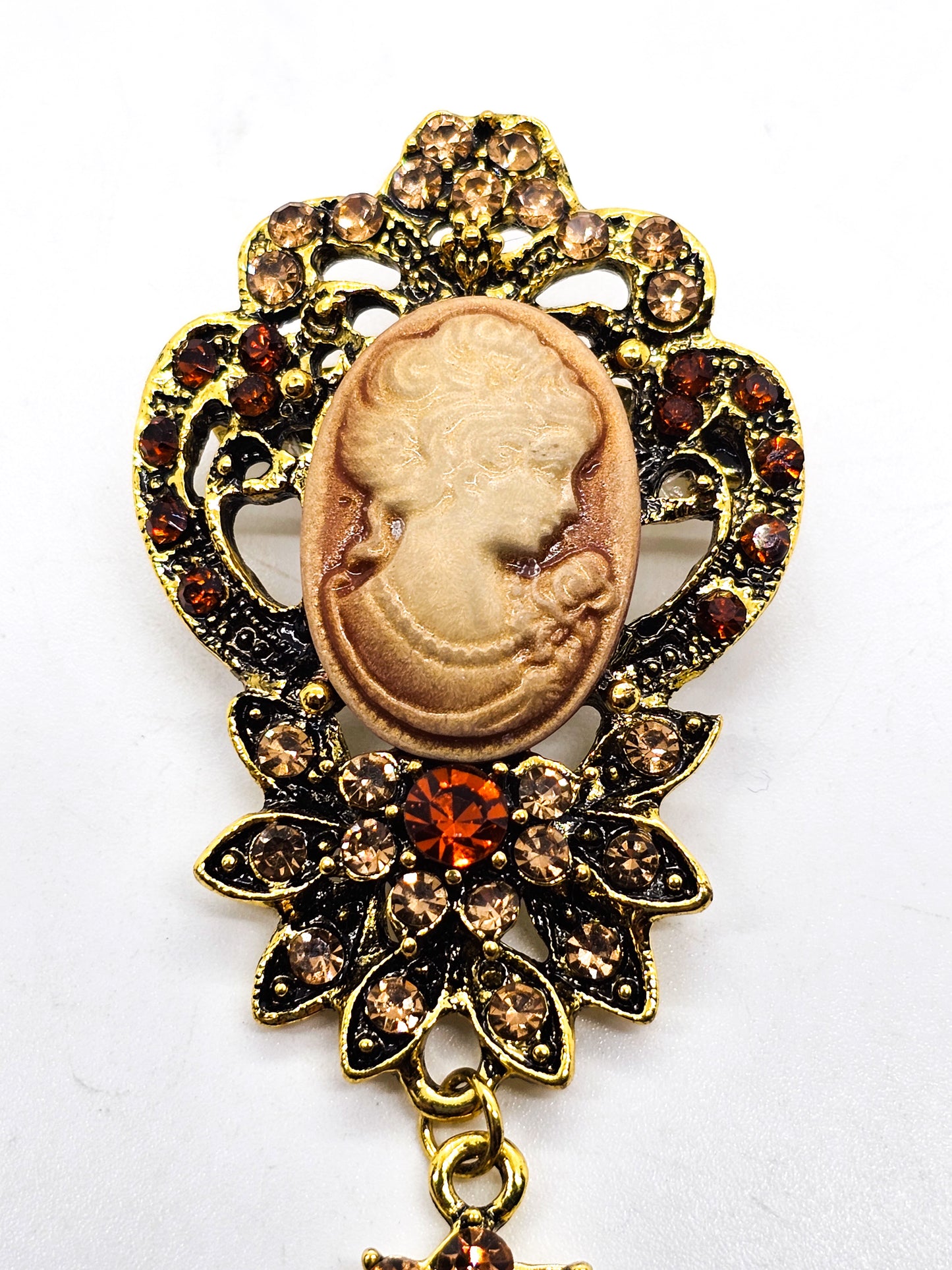 Victorian Revival vintage style resin cameo rhinestone drop brooch