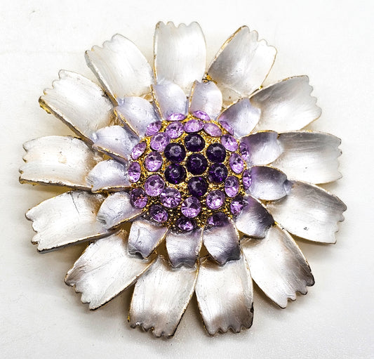 Pastel Purple vintage white painted rhinestone flower brooch pin