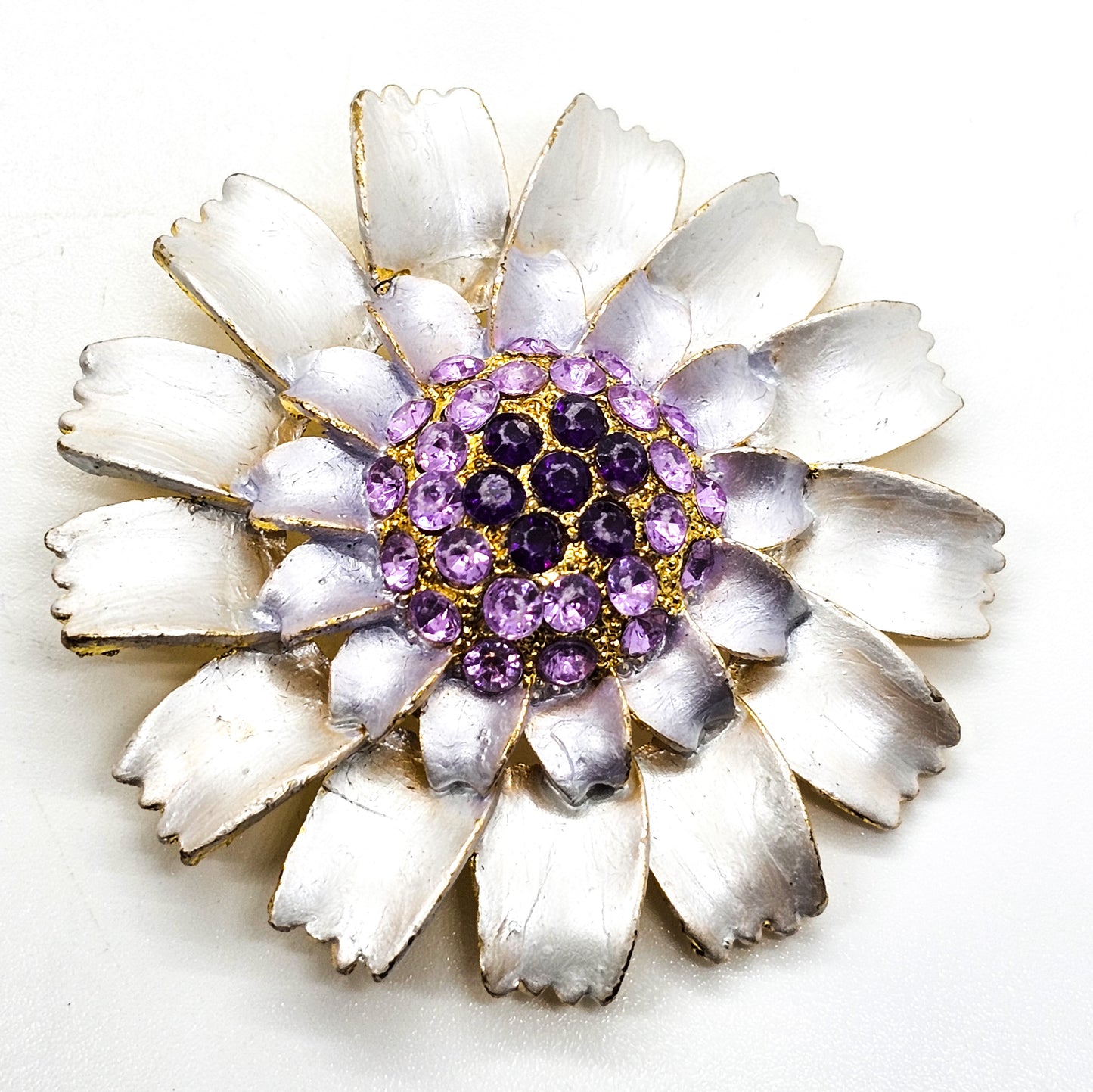 Pastel Purple vintage white painted rhinestone flower brooch pin