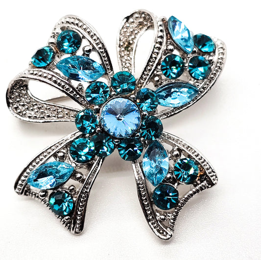 Teal and Aqua blue rhinestone silver toned vintage flower bow brooch