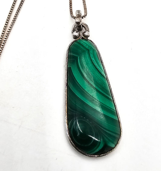 Malachite gemstone handcrafted artisan sterling silver vintage necklace