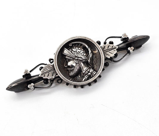 Victorian Etruscan Heraldic soldier handcrafted antique sterling silver pin brooch