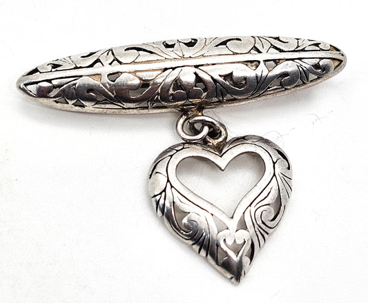 Jezlaine open work filigree heart drop medal style vintage sterling silver brooch