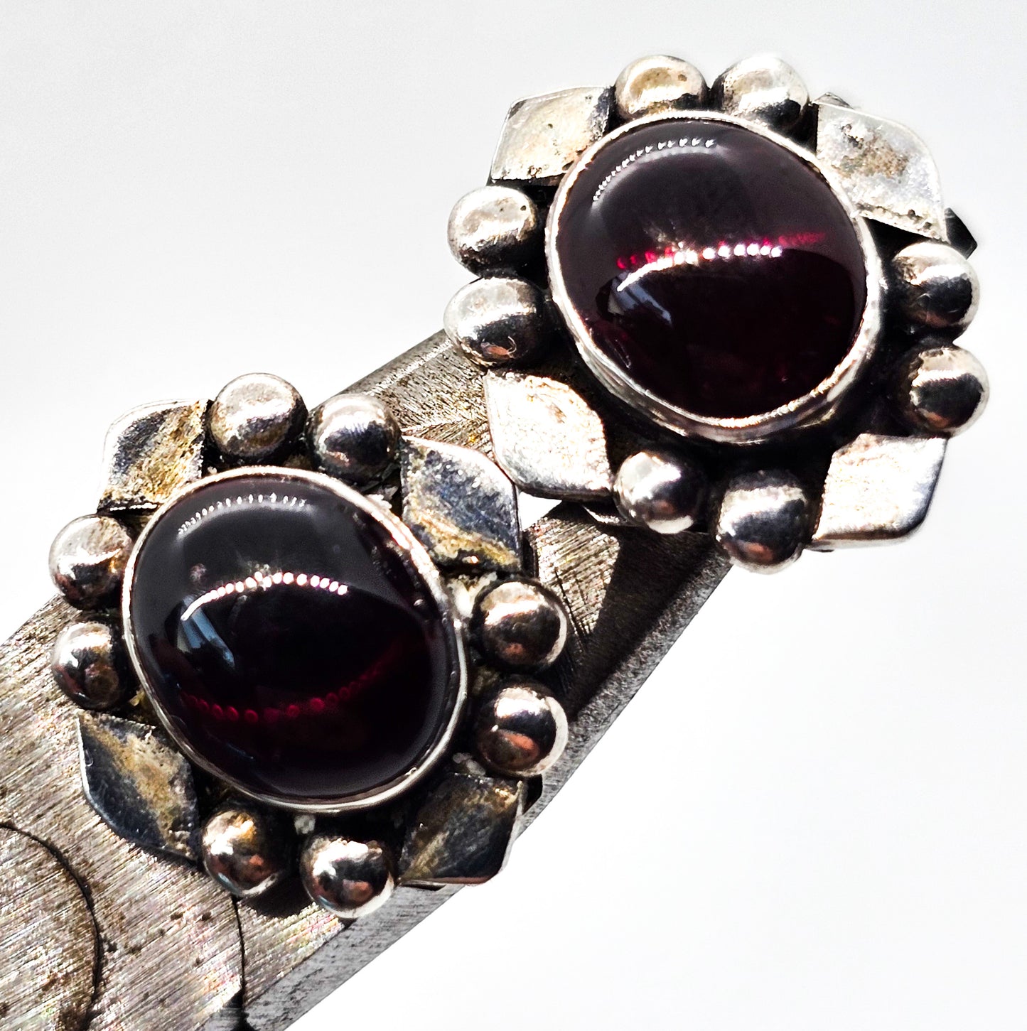Deep red Garnet tribal handcrafted vintage sterling silver stud earrings