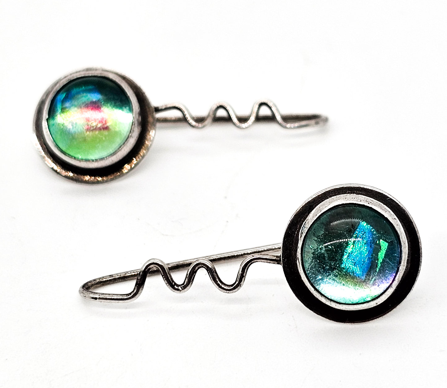 Barbara Sucherman Dichroic Art Glass vintage sterling silver drop earrings