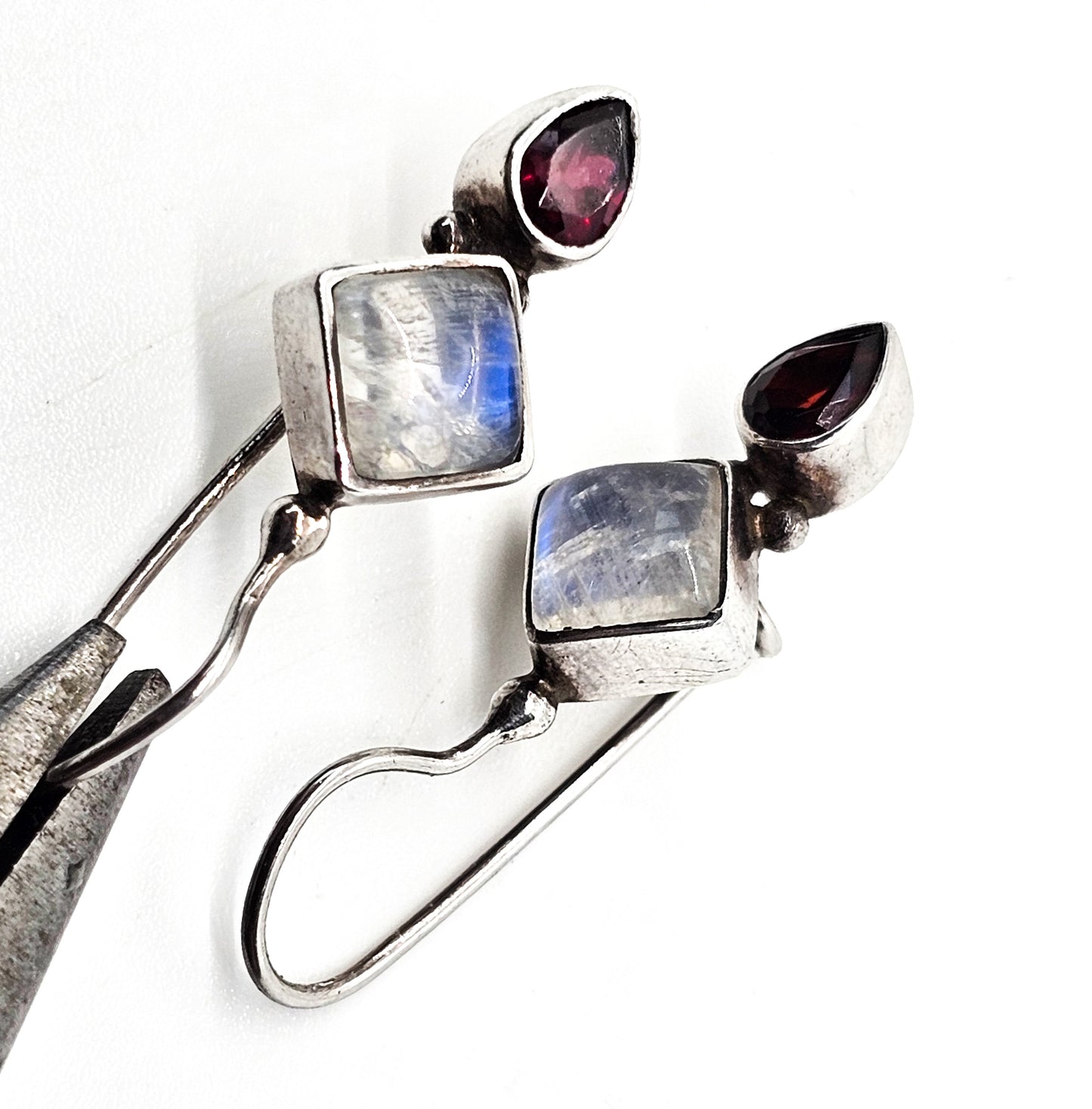 Princess cut blue flash moonstone and garnet tribal sterling silver earrings