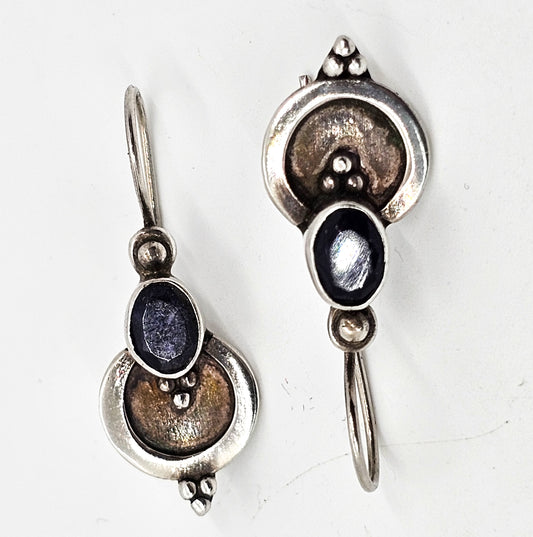 Iolite Blue gemstone tribal Balinese Bali vintage sterling silver drop earrings