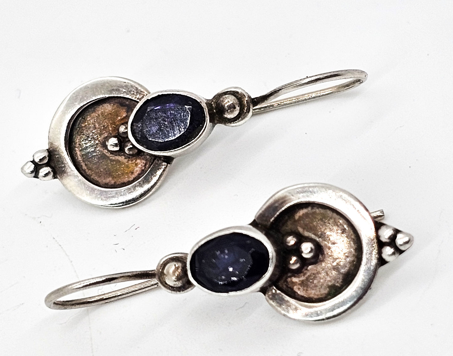 Iolite Blue gemstone tribal Balinese Bali vintage sterling silver drop earrings