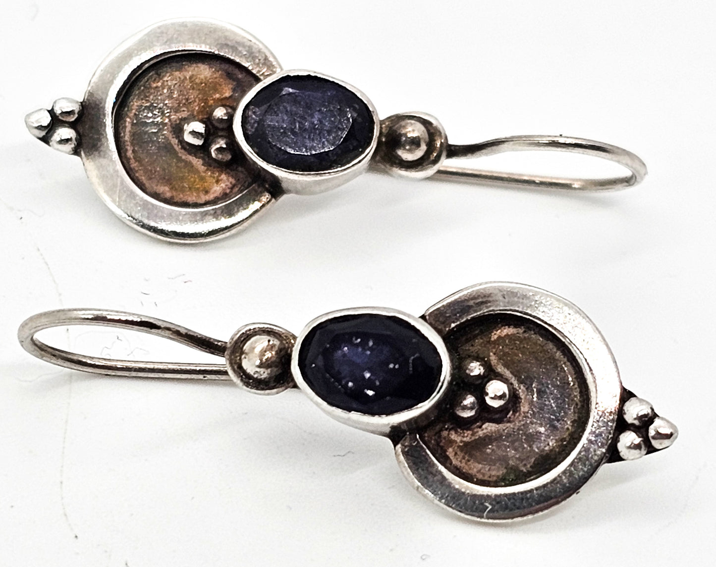 Iolite Blue gemstone tribal Balinese Bali vintage sterling silver drop earrings