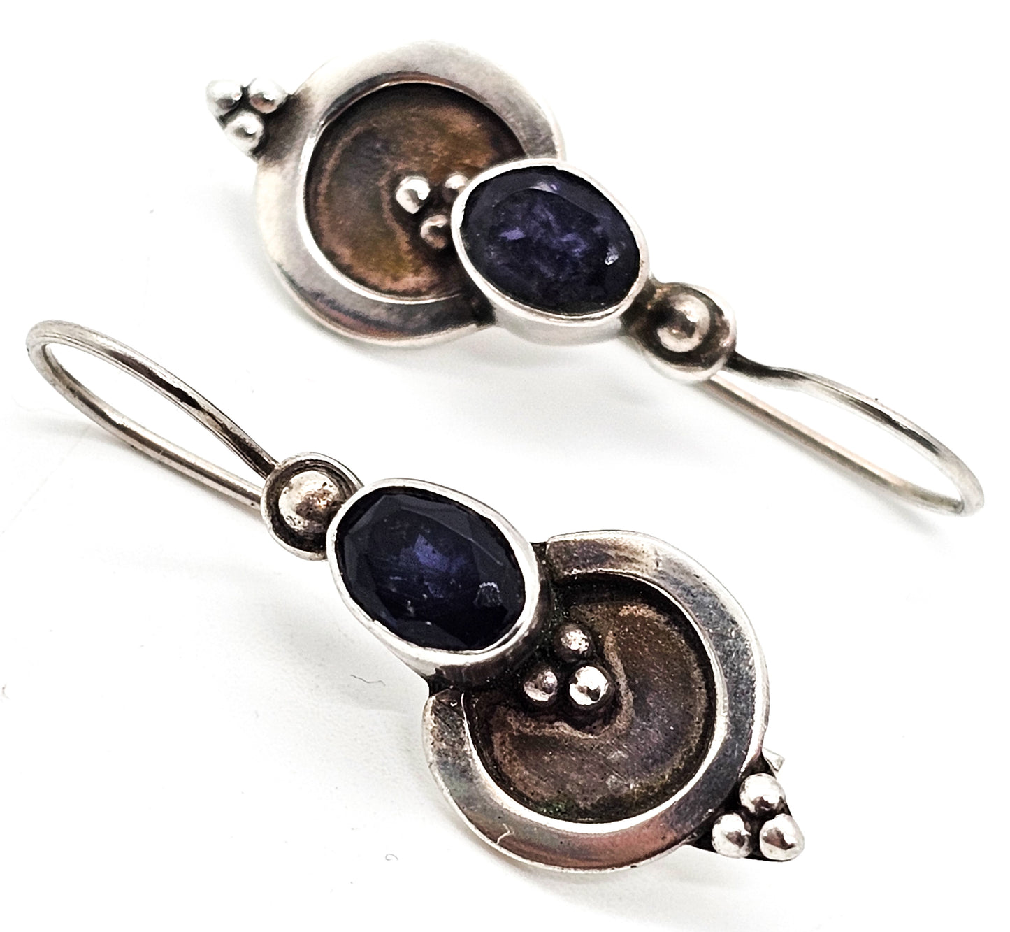 Iolite Blue gemstone tribal Balinese Bali vintage sterling silver drop earrings