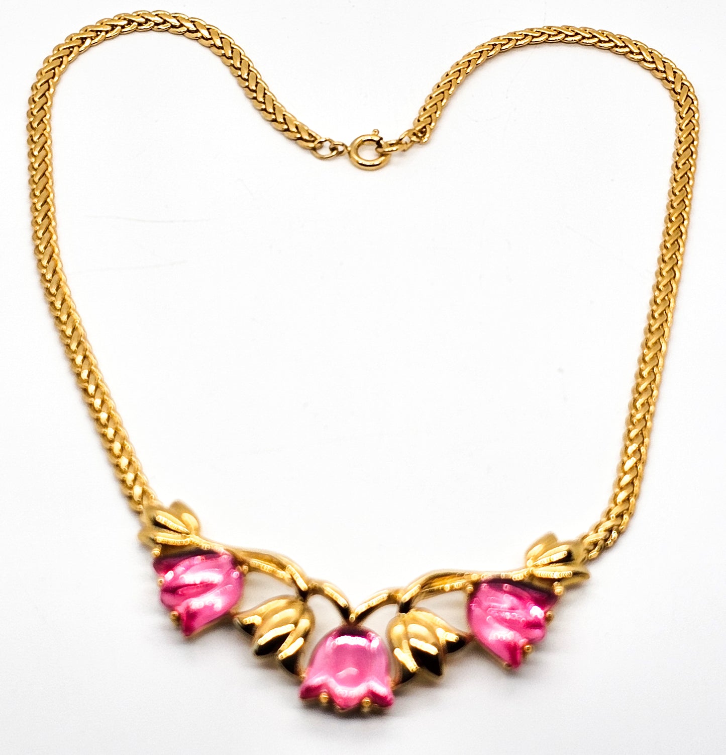 Trifari gold toned pink lucite tulip flower signed vintage gold toned necklace