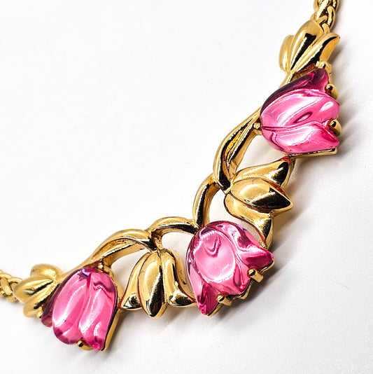 Trifari gold toned pink lucite tulip flower signed vintage gold toned necklace