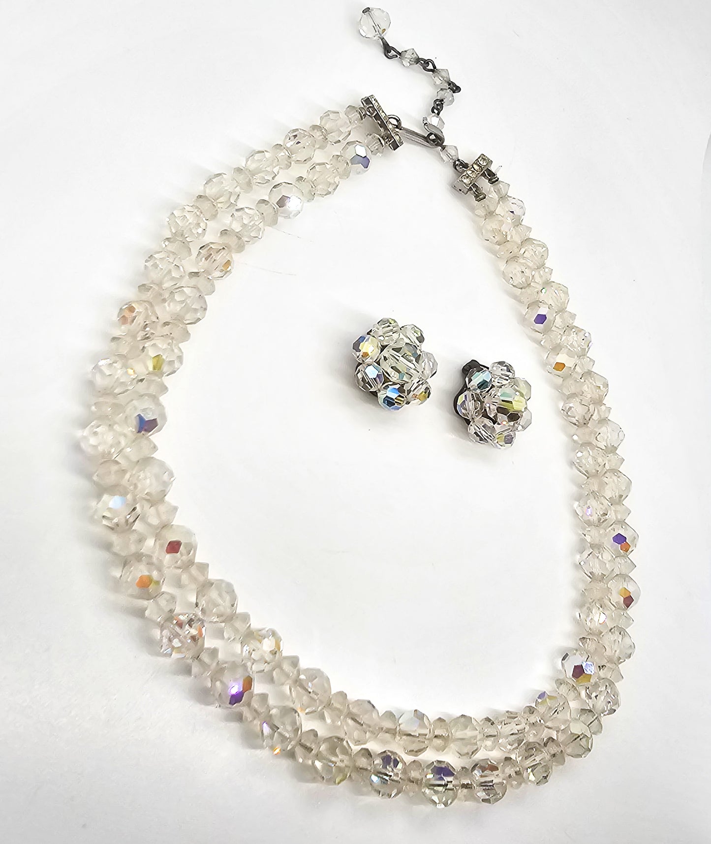 Aurora Borealis double strand aurora borealis necklace and clip earrings set