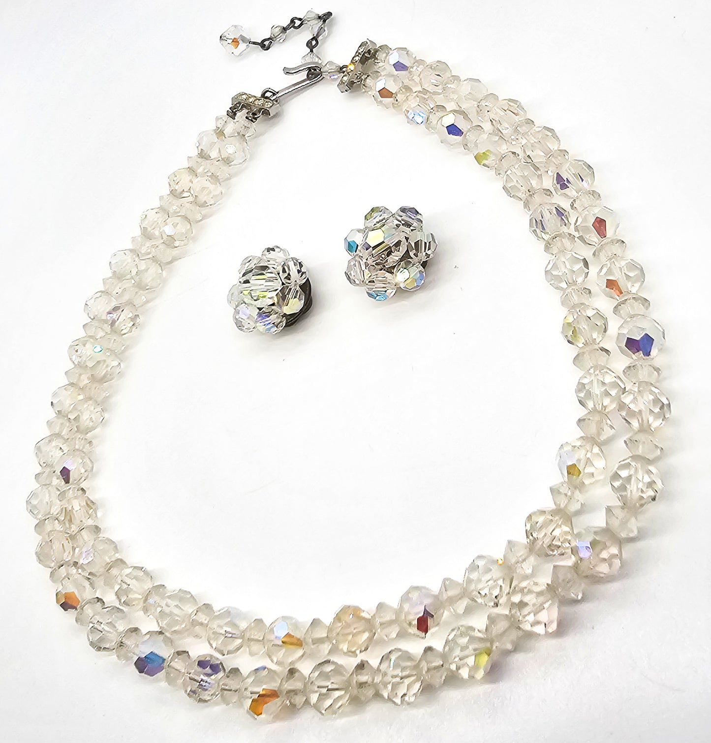 Aurora Borealis double strand aurora borealis necklace and clip earrings set