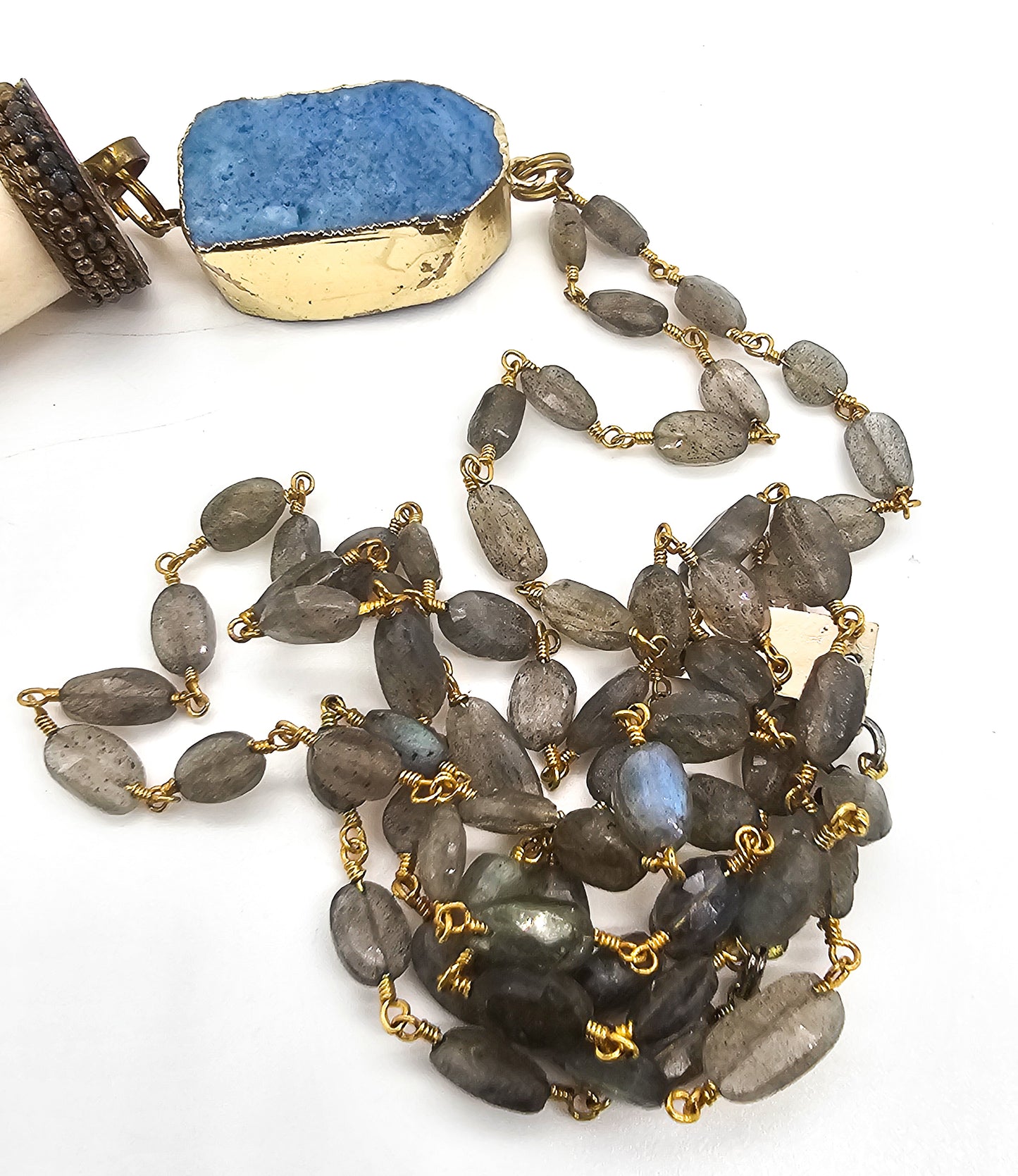 T&B Labradorite beaded necklace with blue druzy and horn pendant