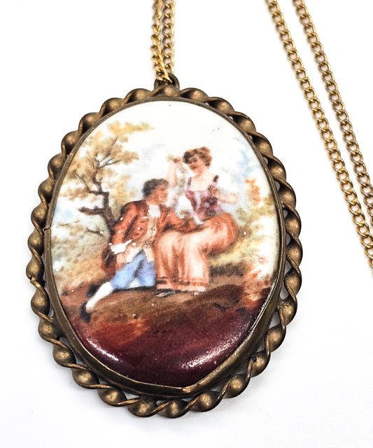 Painted Porcelain Courting Couple painted porcelain antique brass necklace