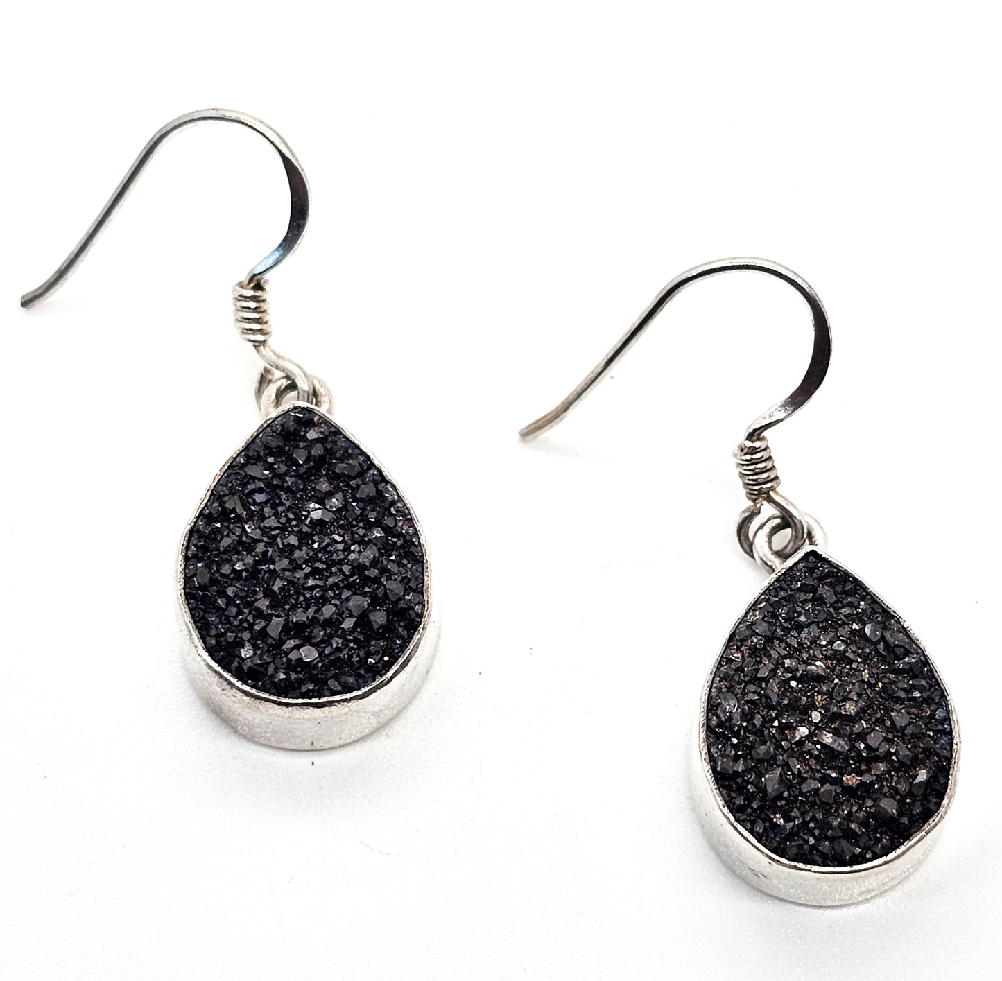 Black Druzy Chalcedony pear cut drop sterling silver earrings