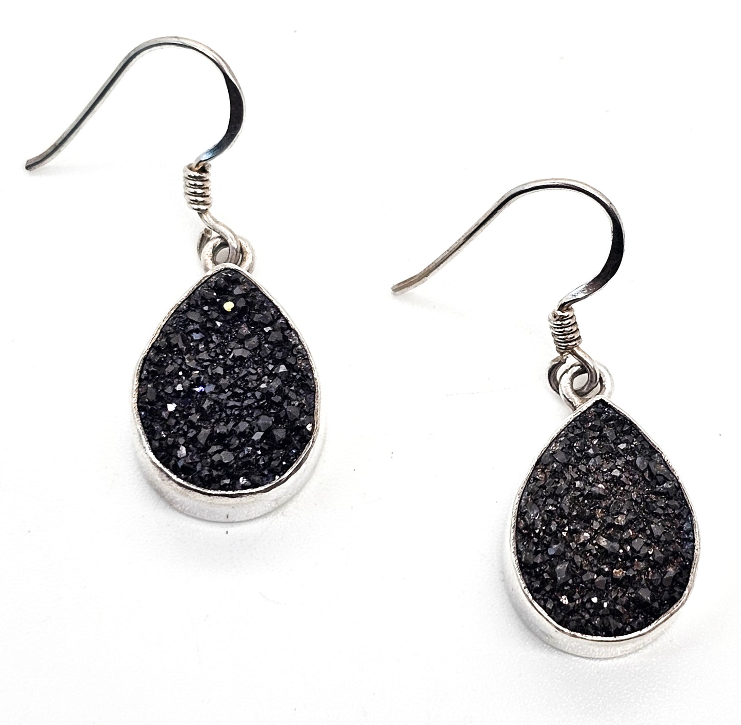Black Druzy Chalcedony pear cut drop sterling silver earrings