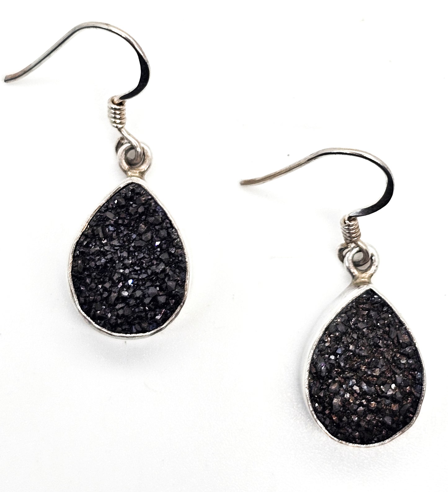 Black Druzy Chalcedony pear cut drop sterling silver earrings