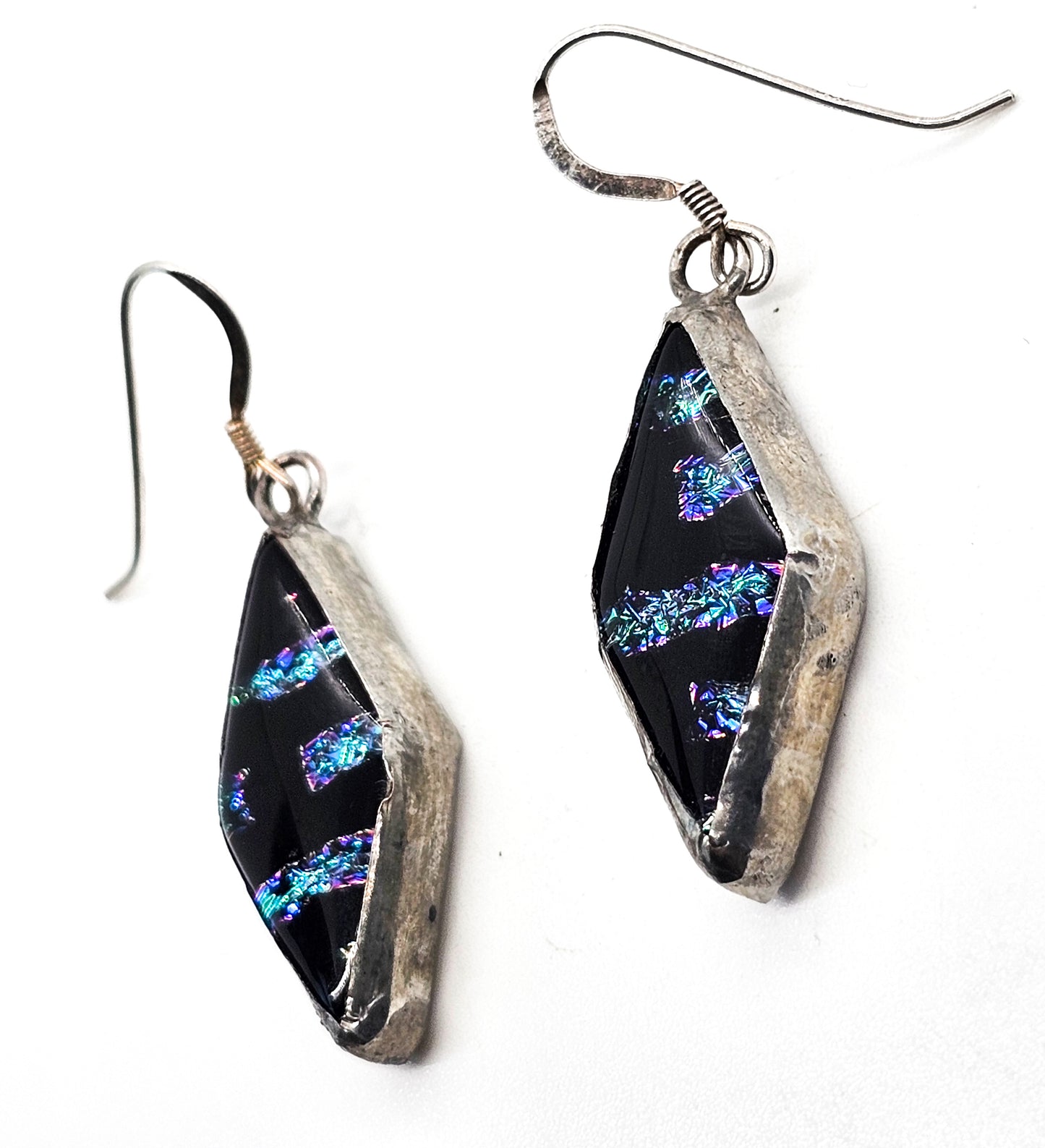Dichroic foiled glass artisan sterling silver blue banded handcrafted earrings
