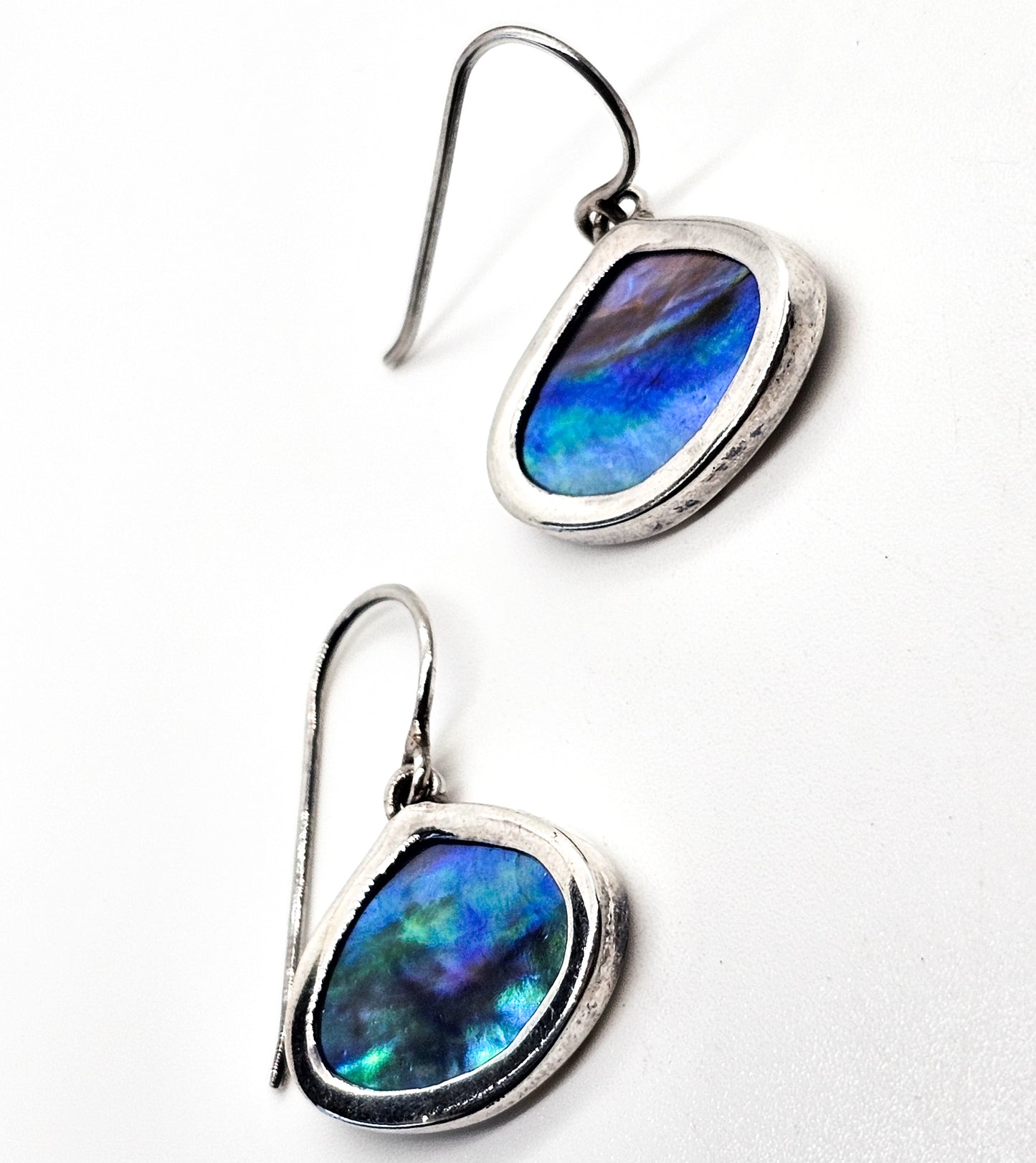 Abalone Paua shell blue green framed sterling silver drop earrings