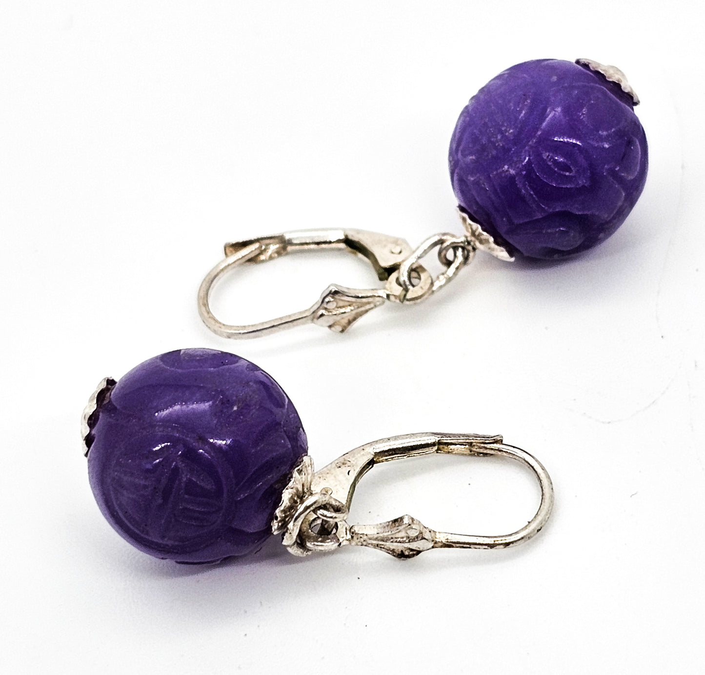 GSJ Purple Jadeite carved orb bead sterling silver drop lever back earrings