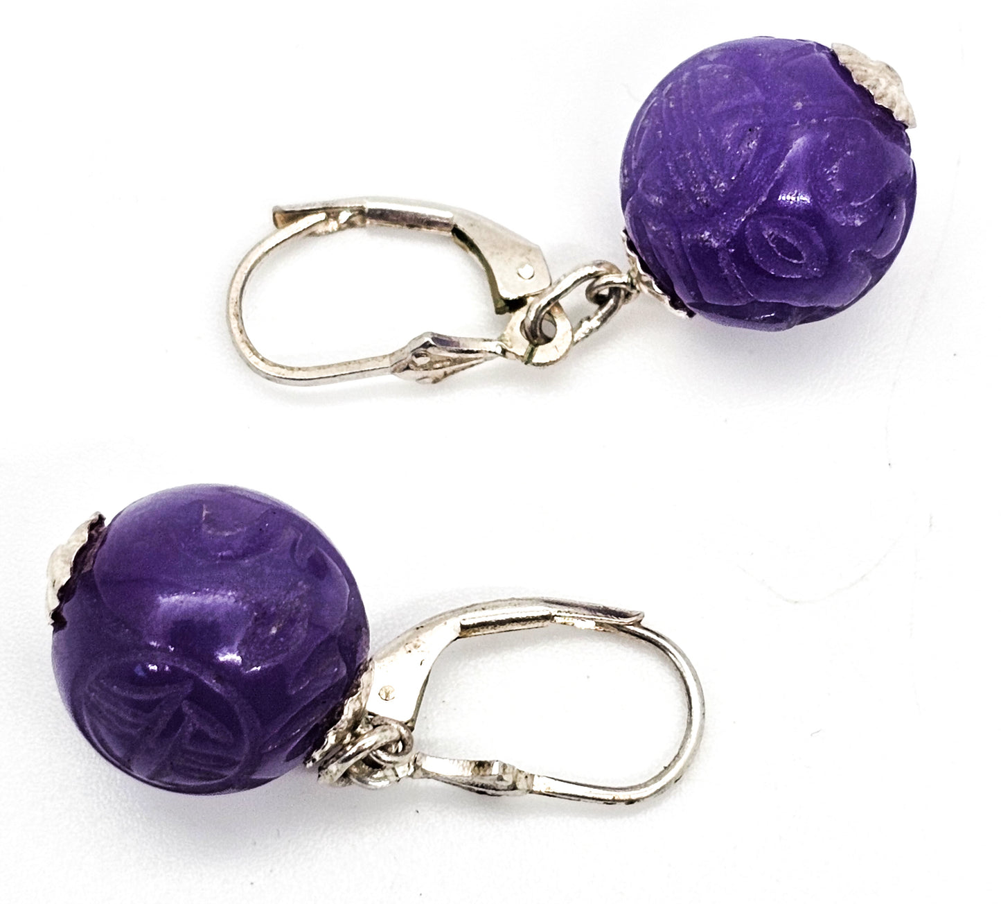 GSJ Purple Jadeite carved orb bead sterling silver drop lever back earrings